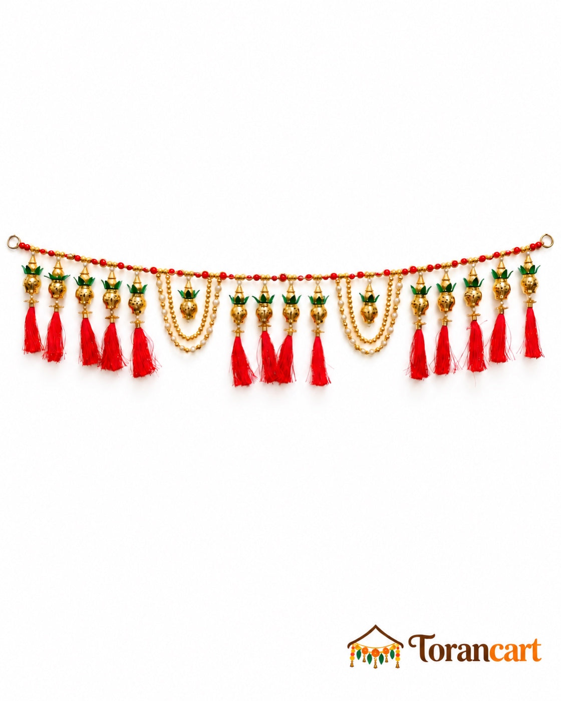 Kalash Red Tassel Toran - full product on a white background with Torancart branding