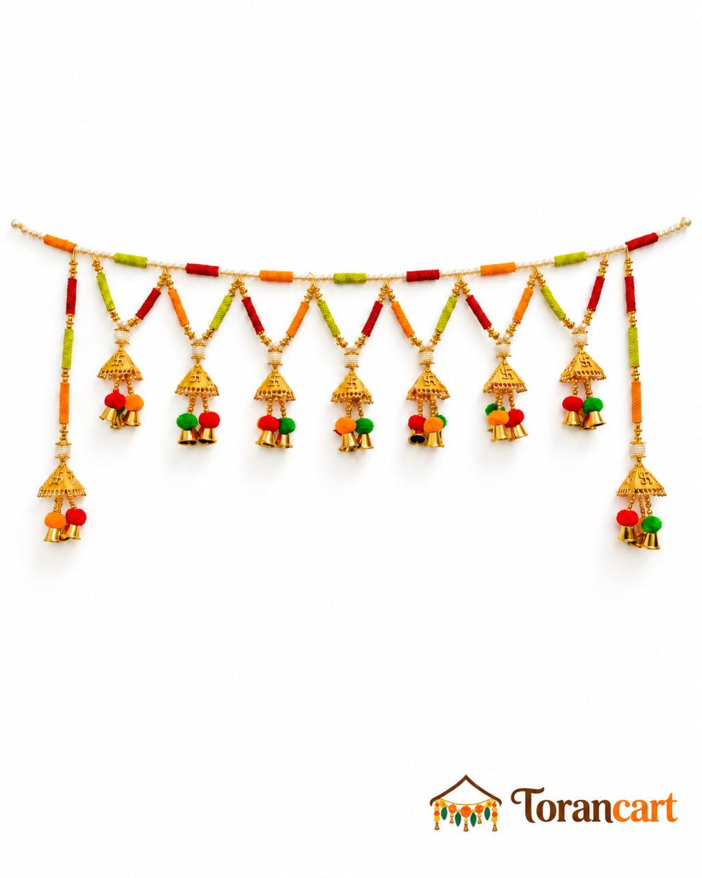 Rangoli Pom-Pom Bell Toran - full product on a white background with Torancart branding