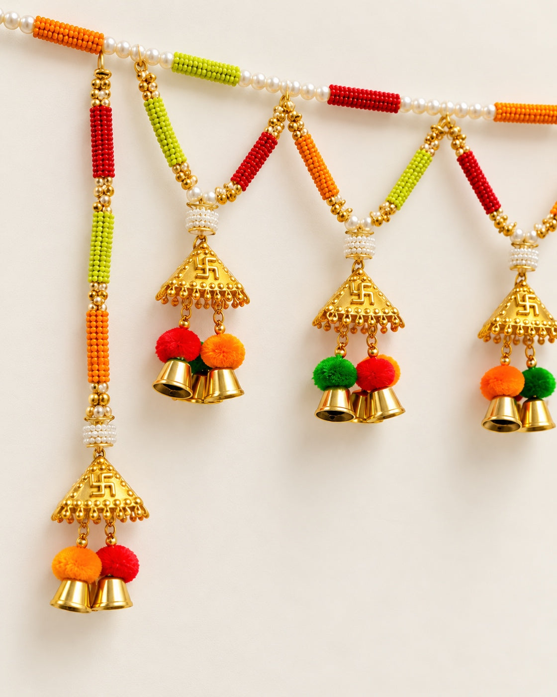 Rangoli Pom-Pom Bell Toran - close-up of decorative details