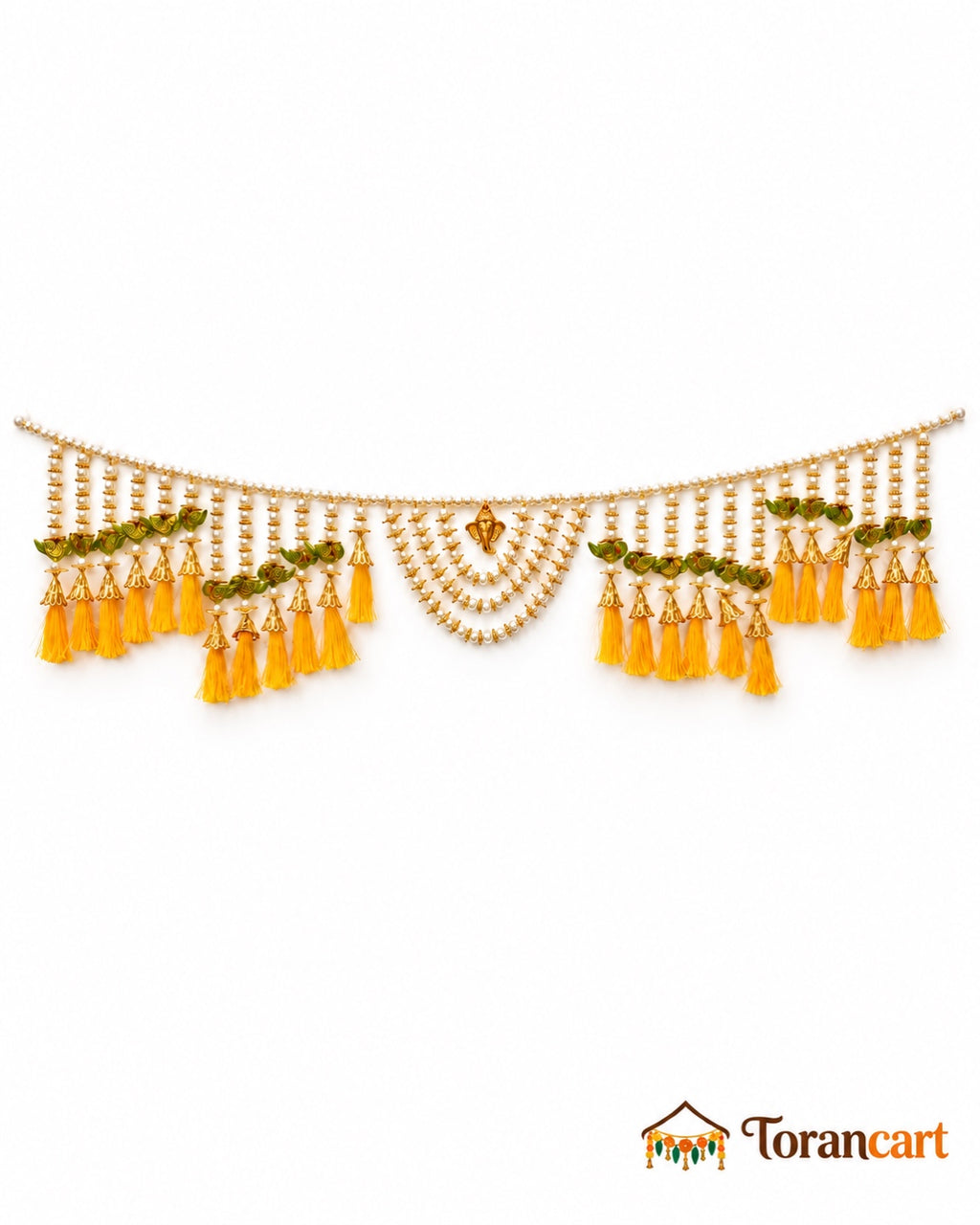 Peacock Yellow Tassel Toran - full product on a white background with Torancart branding