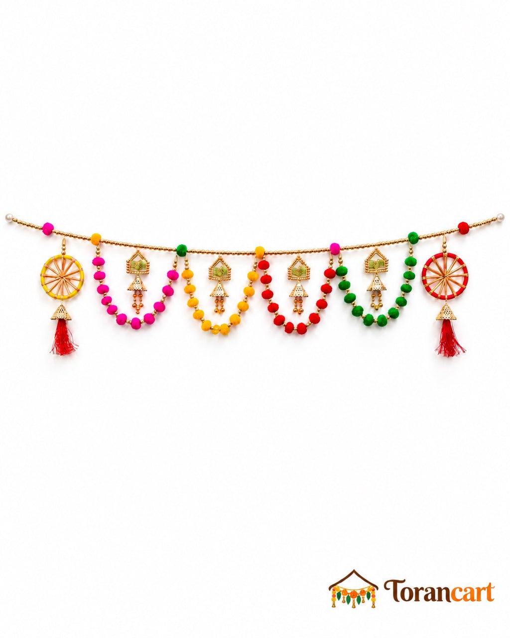 Peacock Chakra Pom-Pom Toran - full product on a white background with Torancart branding