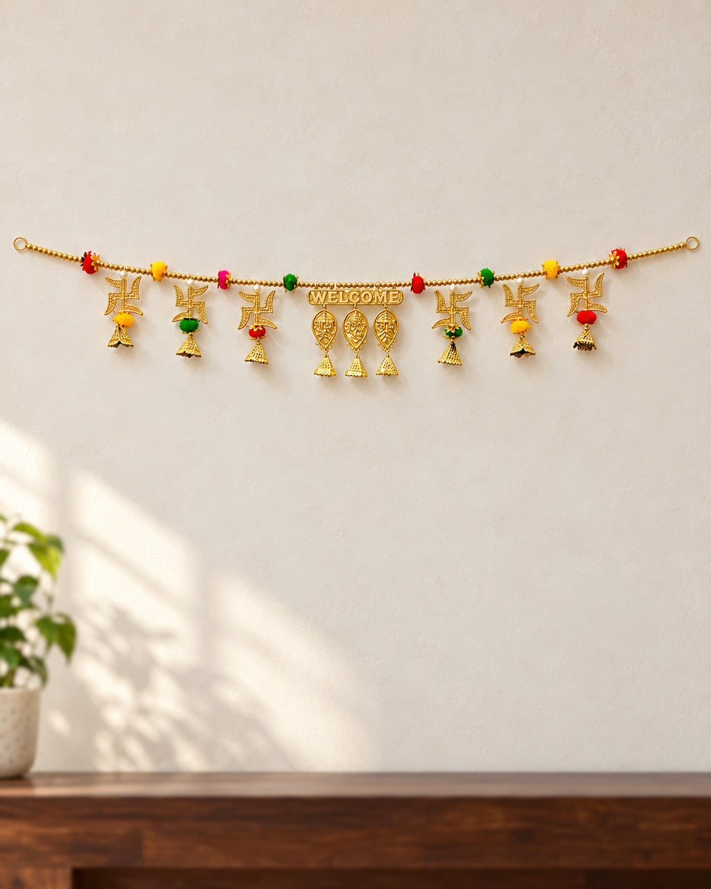Shubh Labh Welcome Toran - full product on a cream wall