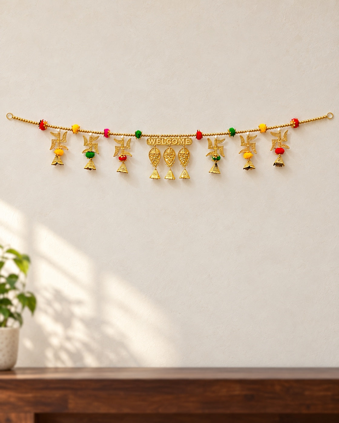 Shubh Labh Welcome Toran - full product on a cream wall